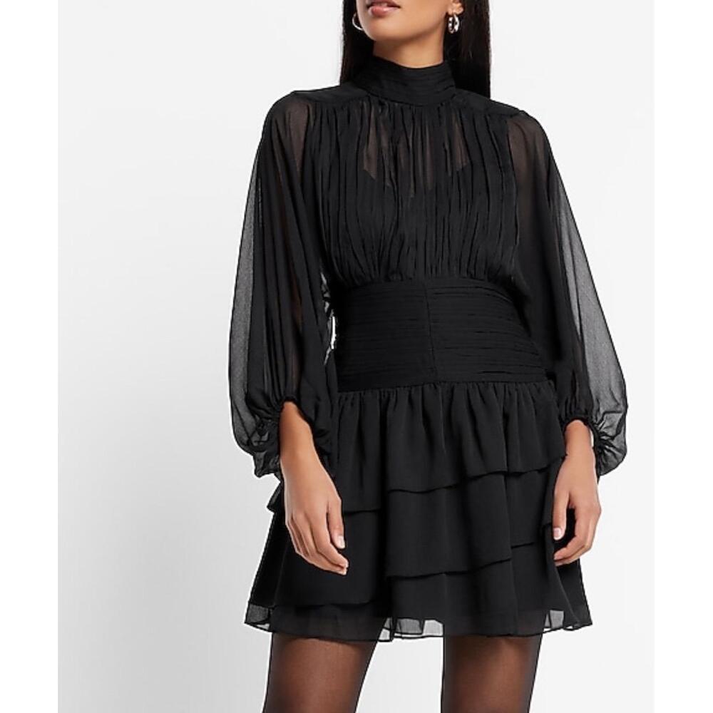 NWT Black High Neck Pleated Layered Dress With Long Sleeves Womens